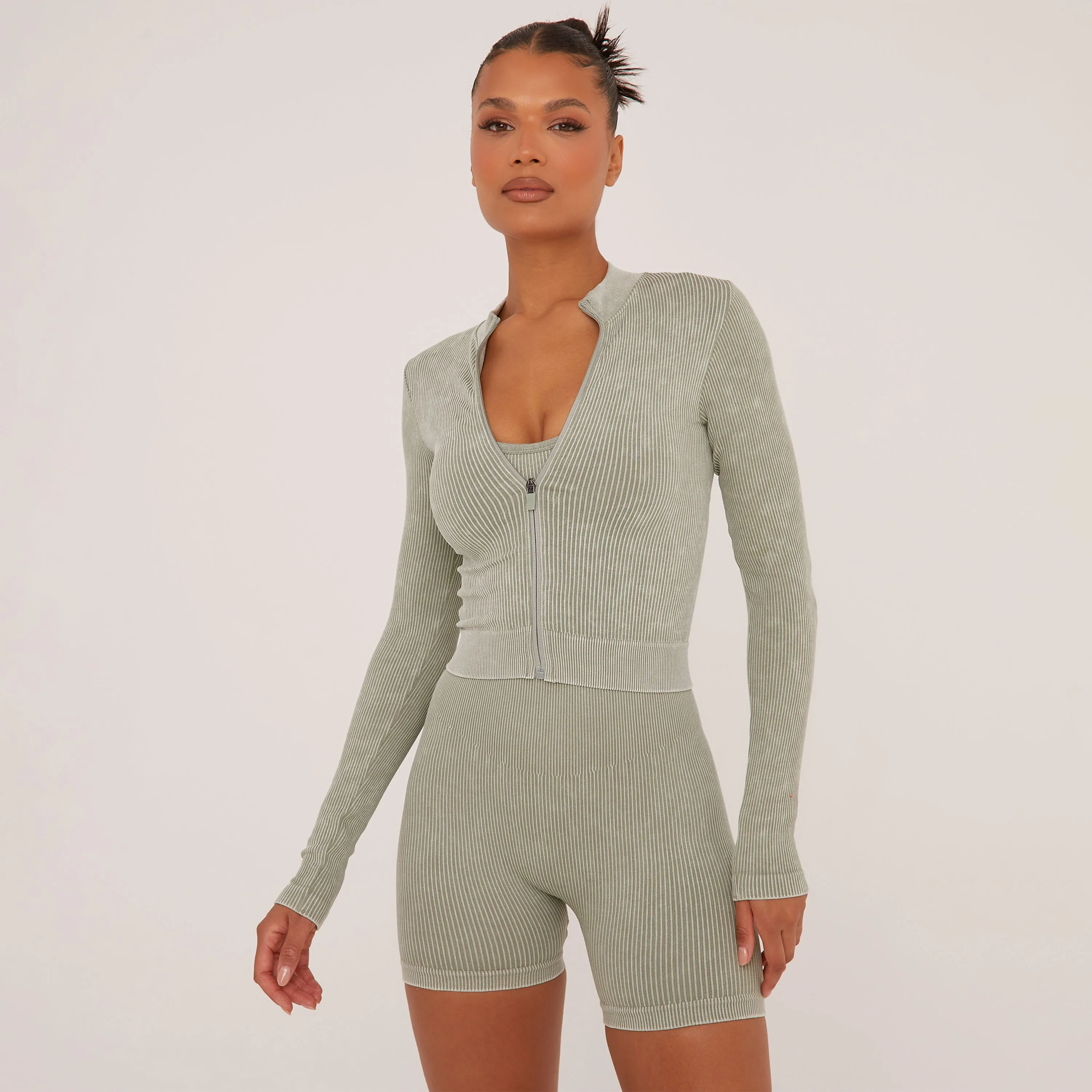 Zip Front Cropped Seamless Jacket In Sage Green Acid Wash