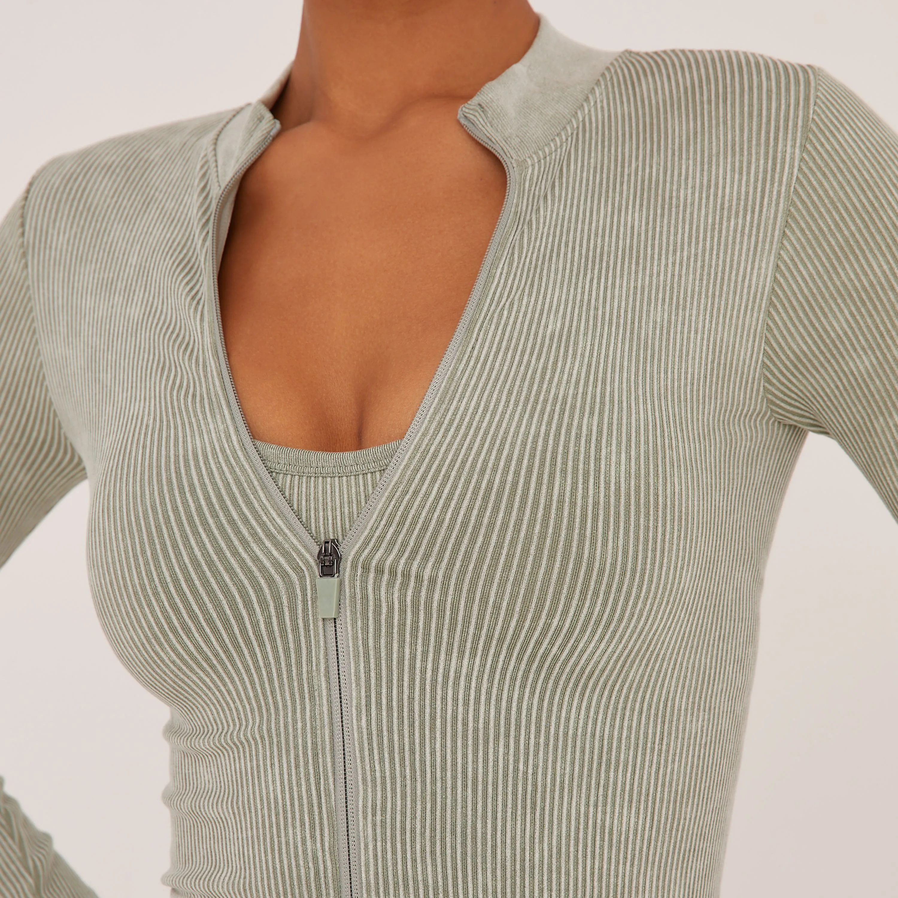 Zip Front Cropped Seamless Jacket In Sage Green Acid Wash