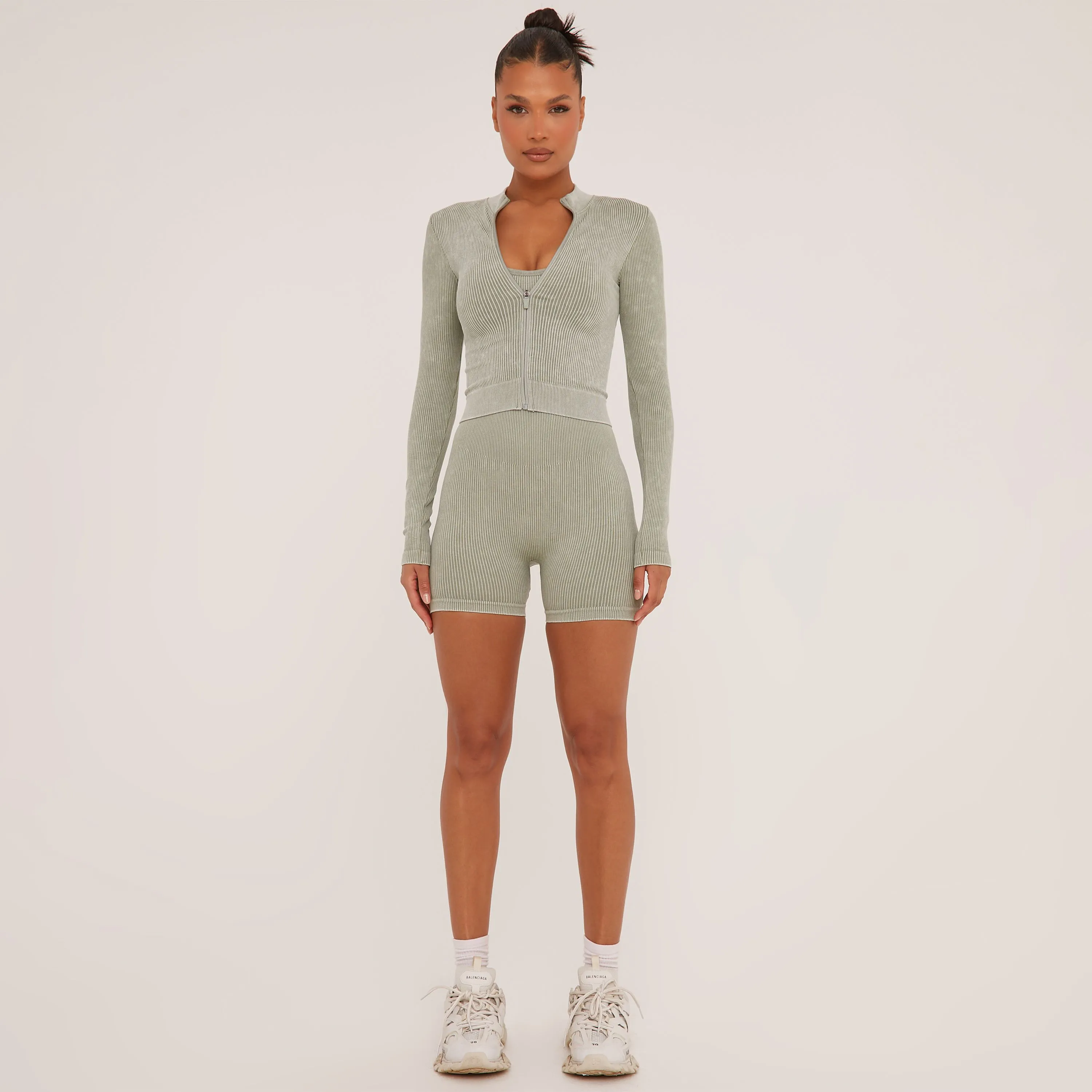 Zip Front Cropped Seamless Jacket In Sage Green Acid Wash