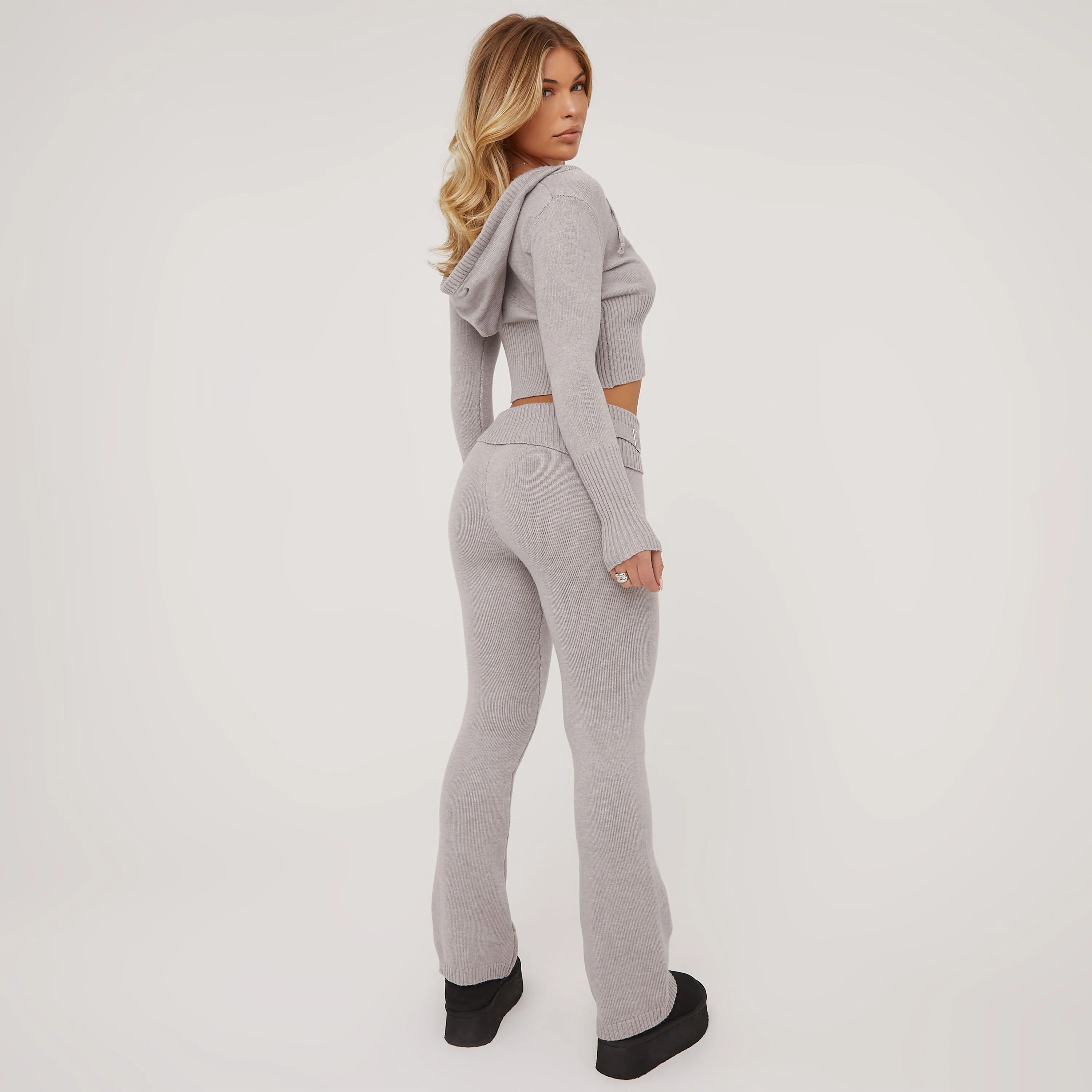 Zip Up Cropped Hooded Jacket And Fold Over Waistband Straight Leg Trousers Lounge Set In Grey Knit